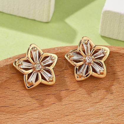 Flower Brass Micro Pave Cubic Zirconia Stud Earrings for Women EJEW-G428-28C-02-1