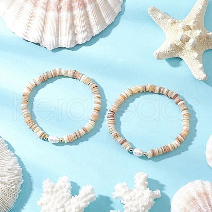 2Pcs Natural Cultured Freshwater Pearl & Shell & Brass Spacer Beads Stretch Bracelets for Women BJEW-JB11874-1