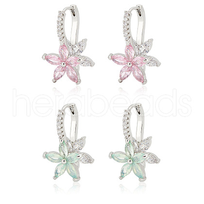 FIBLOOM 2 Pairs 2 Colors Cubic Zirconia Flower Hoop Earrings EJEW-FI0001-23-1