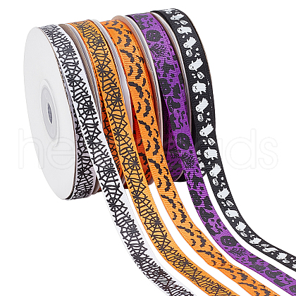   5 Rolls 5 Styles Halloween Theme Polyester Printed Grosgrain Ribbon OCOR-PH0004-42-1