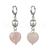 Natural Rose Quartz Heart with Shell Pearl Dangle Leverback Earrings EJEW-TA00331-1