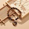 Gemstone Round Beaded Stretch Bracelet with Heart Charm for Women BJEW-JB09019-4