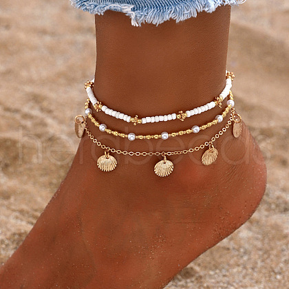Bohemian Style Imitation Pearl & Glass Seed Beaded Alloy Charm 3 Layer Anklets for Women FS-WG66C6F-04-1