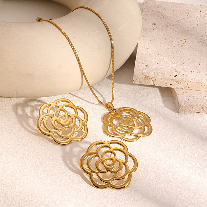 Stainless Steel Hollow Rose Stud Earrings & Pendant Necklaces Sets for Women DE4974-1-1