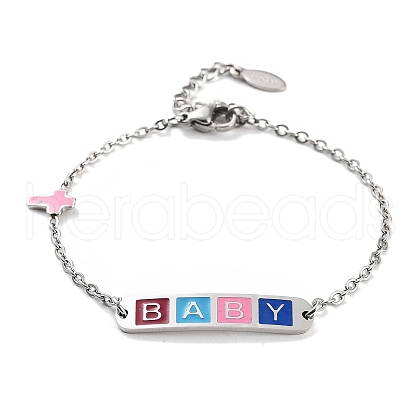 201 Stainless Steel Cross & Rectangle with Word Baby Link Bracelets BJEW-B090-01A-07-1