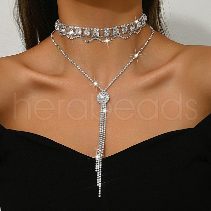 Brass Full Rhinestone Flat Round Tassel Y Necklaces for Women NJEW-M104-01S-02-1