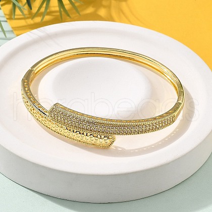 Brass Micro Pave Clear Cubic Zirconia Hinged Bangles for Women BJEW-S168-04G-1