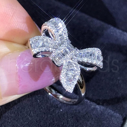 Bowknot Brass Micro Pave Clear Cubic Zirconia Finger Rings for Women FS-WGD928F-02-1