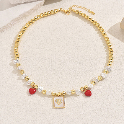 Elegant Brass & Imitation Pearl Heart Square Bib Necklaces for Women YJ5176-1