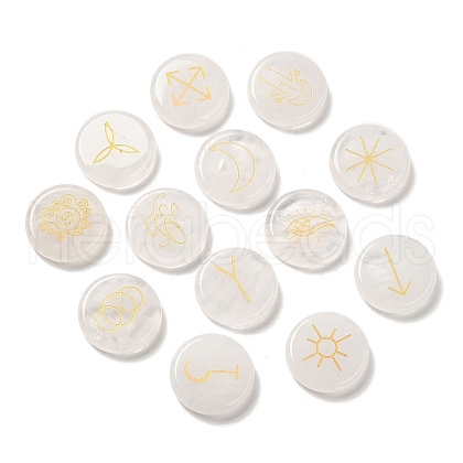 13Pcs Flat Round Natural Quartz Crystal Rune Stones G-K335-08G-1