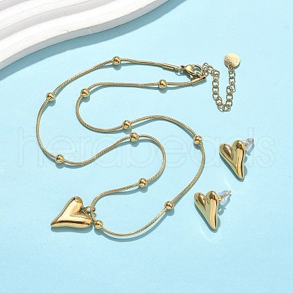 304 Stainless Steel Heart Pendant Necklaces & Stud Earrings for Women SJEW-B020-06G-1