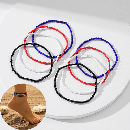 Bohemian Round Glass Seed Beaded Stretch Multi-Layered Anklet Sets WG187EB-16-1