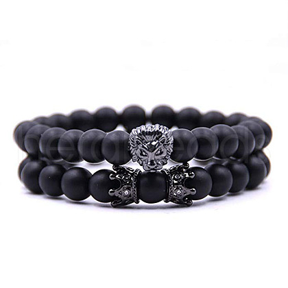 2Pcs Natural Frosted Stone Round Beaded Stretch Bracelets CG7988-16-1