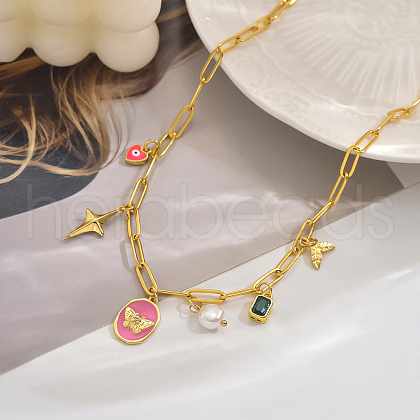 Sweet and Delicate Brass Green Cubic Zirconia Butterfly Heart Evil Eye Pendant Necklaces for Everyday QO3424-2-1