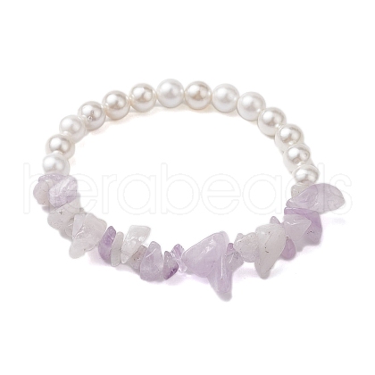 Natural Amethyst Chip & Round Pearl Shell Stretch Bracelets for Women BJEW-JB10552-03-1