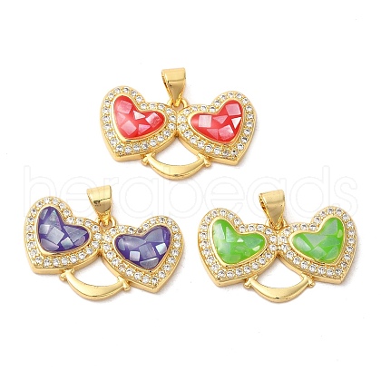Double Heart Brass Micro Pave Cubic Zirconia Pendants KK-K385-046G-1