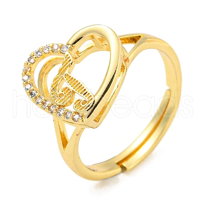 Heart with Letter Rack Plating Brass Micro Pave Cubic Zirconia Adjustable Rings for Women RJEW-I105-06G-J-1