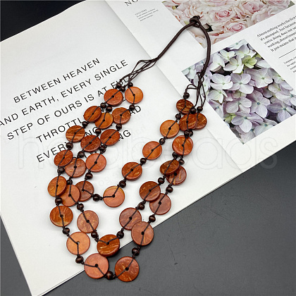 Dyed Natural Coconut Disc Beaded PU Leather Multi-Strand Necklaces for Women FS-WG04026-02-1