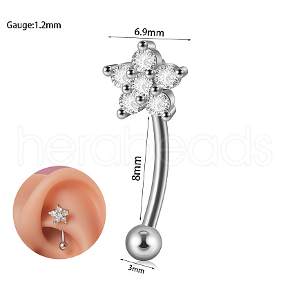 304 Stainless Steel Clear Cubic Zirconia Eyebrow Curved Barbell Rings WGE154E-09-1