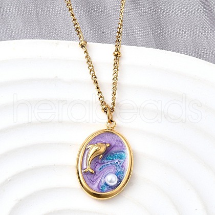 Summer Beach 304 Stainless Steel Lilac Enamel Pendant Necklaces for Women NJEW-U043-01C-G-1