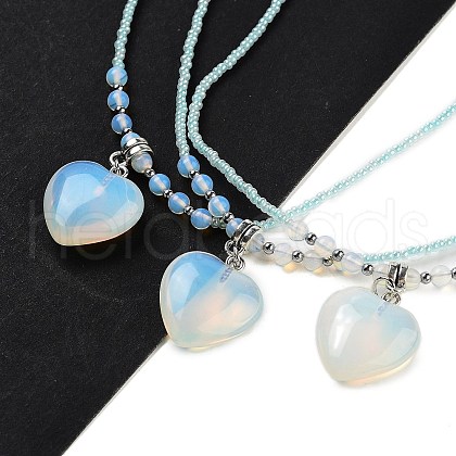 Opalite Heart Pendant Necklaces NJEW-G143-02F-1