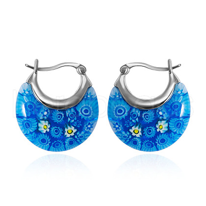 Flat Round 304 Stainless Steel Millefiori Glass Hoop Earrings FS-WG56358-02-1