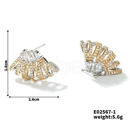 Geometric Copper Fan-shaped Luxury Zircon Stud Earrings QJ0345-1-1