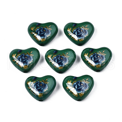 Flower Printed Opaque Acrylic Heart Beads SACR-S305-28-N01-1