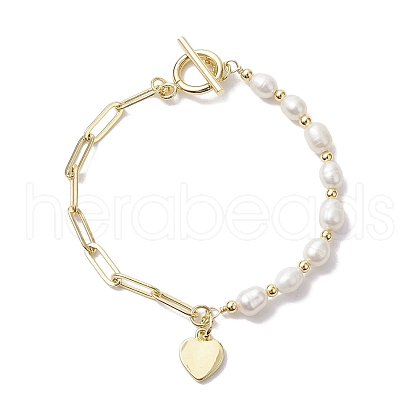 Natural Cultured Freshwater Pearl Beads Paperclip Chains Heart Charm Bracelets with Toggle Clasps BJEW-JB10193-1