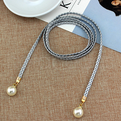 Imitation Leather Braided Belly Belt with Plastic Imitation Pearl Round Bead WG11EBA-07-1