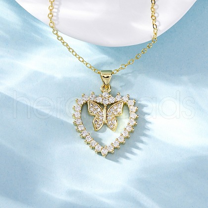 Brass Micro Pave Clear Cubic Zirconia Butterfly Heart Pendant Necklaces for Women NJEW-S438-07D-G-1