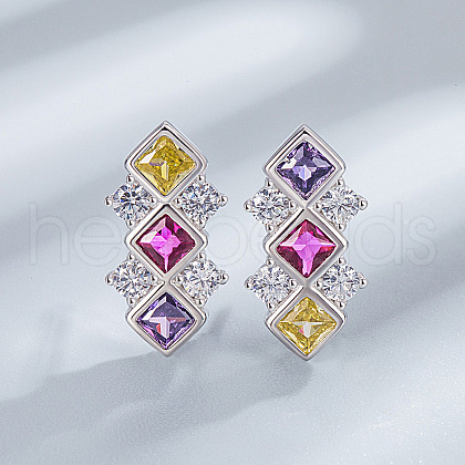 Rhombus 925 Sterling Silver Pave Colourful Cubic Zirconia Stud Earrings WGF0FD8-03-1