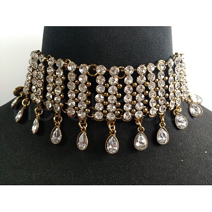 Alloy Full Crystal Rhinestone Teardrop Tassel Choker Necklaces for Women FS-WGE797D-01-1