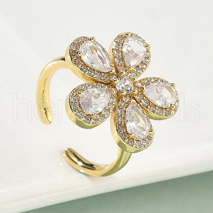 Flower Brass Micro Pave Cubic Zirconia Cuff Rings for Women RJEW-A069-14G-03-1