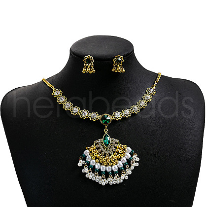 Bohemian Style Fan Alloy Rhinestone & Plastic Pearl Earrings & Necklaces Sets WG86A2C-04-1