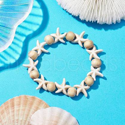 Beach Starfish Dyed Synthetic Turquoise Stretch Bracelets BJEW-JB10289-02-1