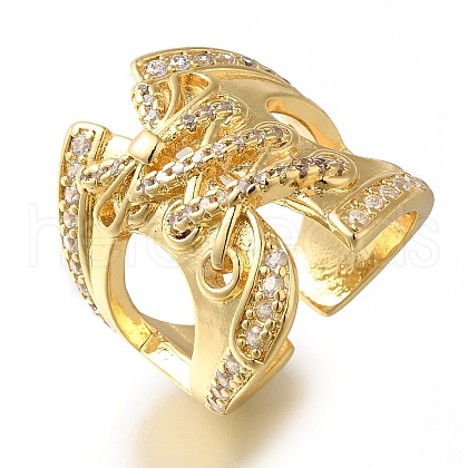 Rack Plating Shoelace Shape Brass Clear Cubic Zirconia Wide Open Cuff Rings RJEW-S411-14G-1