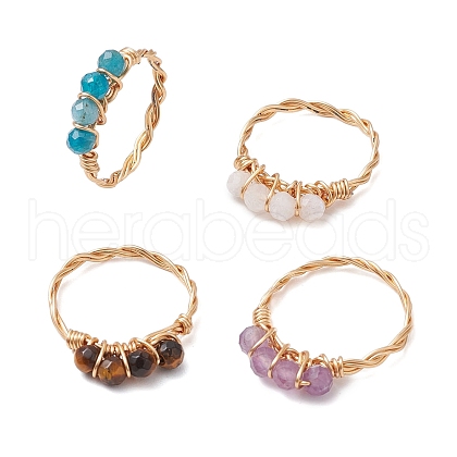 Faceted Round Natural Tiger Eye & Apatite & Rainbow Moonstone & Amethyst Beads Finger Rings RJEW-JR00787-1