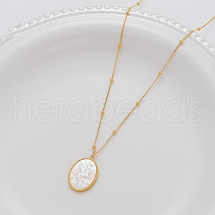 Brass Pave Natural White Shell Oval with Engraved Horse Pendant Necklaces for Women FS-WGAF605-01-1