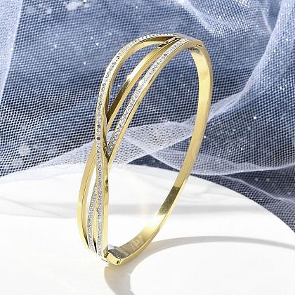 Ion Plating(IP) 304 Stainless Steel Polymer Clay Rhinestone Hinged Bangles for Women BJEW-A011-16G-1