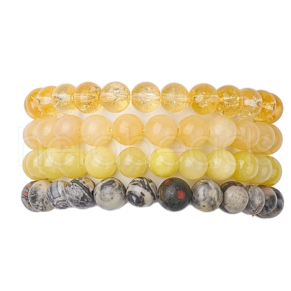 4Pcs Constellation 8mm Round Natural Topaz Jade & Dyed Yellow Jade & Picasso Jasper BJEW-JB10637-1