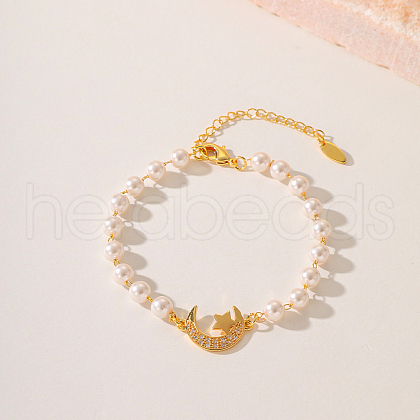 Fashionable Moon Brass Crystal Rhinestone & Imitation Pearl Braided Bead Bracelets for Women DV0214-3-1