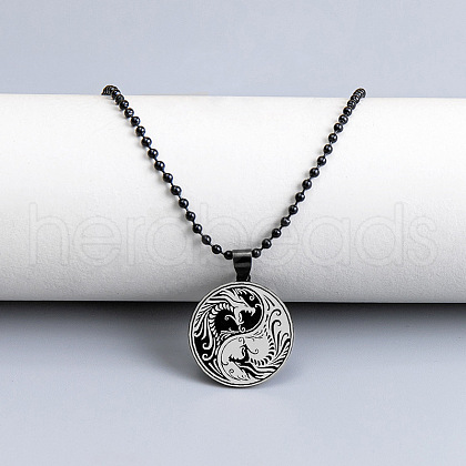 Flat Round with Yin-yang Dragon 201 Stainless Steel Enamel Pendant Necklaces FS-WG9F251-01-1