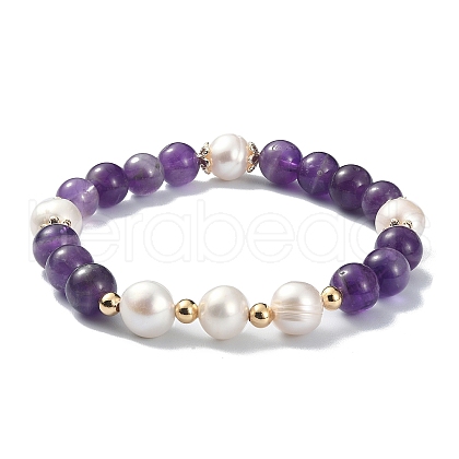 Natural Amethyst & Pearl Beaded Stretch Bracelet for Women BJEW-JB09384-03-1