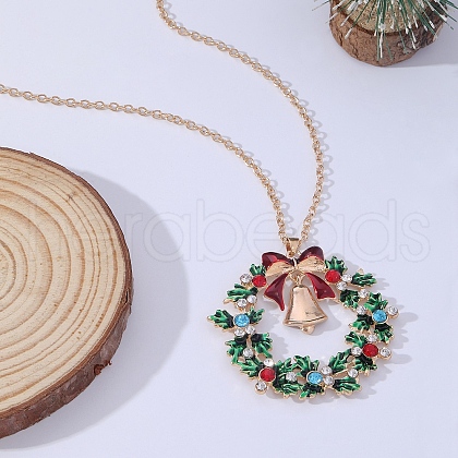 Christmas Wreath & Christmas Bell Alloy Colorful Rhinestone Pendant Necklaces WG06691-07-1