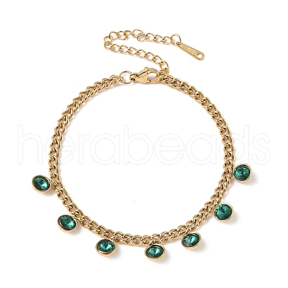 304 Stainless Steel Rhinestone Flat Round Charm Bracelets BJEW-V011-01G-06-1