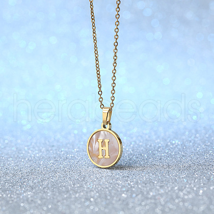 Flat Round Stainless Steel Pave Natural White Shell Initial Pendant Necklaces for Women FS-WG6FA45-08-1