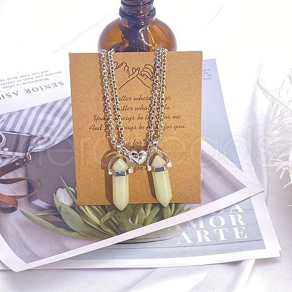 2Pcs Luminous Glass Double Faceted Pointed Bullet Pendant Couple Necklaces with Heart Magnetic Clasps FS-WG058EE-09-1