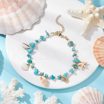 Summer Beach Synthetic Turquoise Chip Starfish & Natural Shell & Alloy Enamel Charm Anklets AJEW-TA00037-1