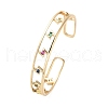 Brass Hollow Lightning Bolt Open Cuff Bangles with Colorful Glass for Women BJEW-M312-10G-1